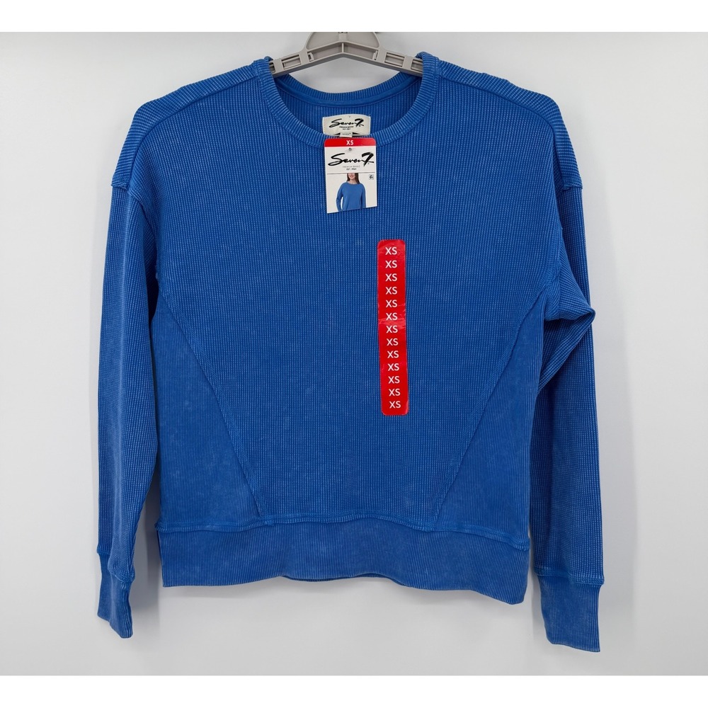 Seven7 Womens Blue Thermal Waffle Knit Crewneck Top XS Mineral Wash Sweatshirt